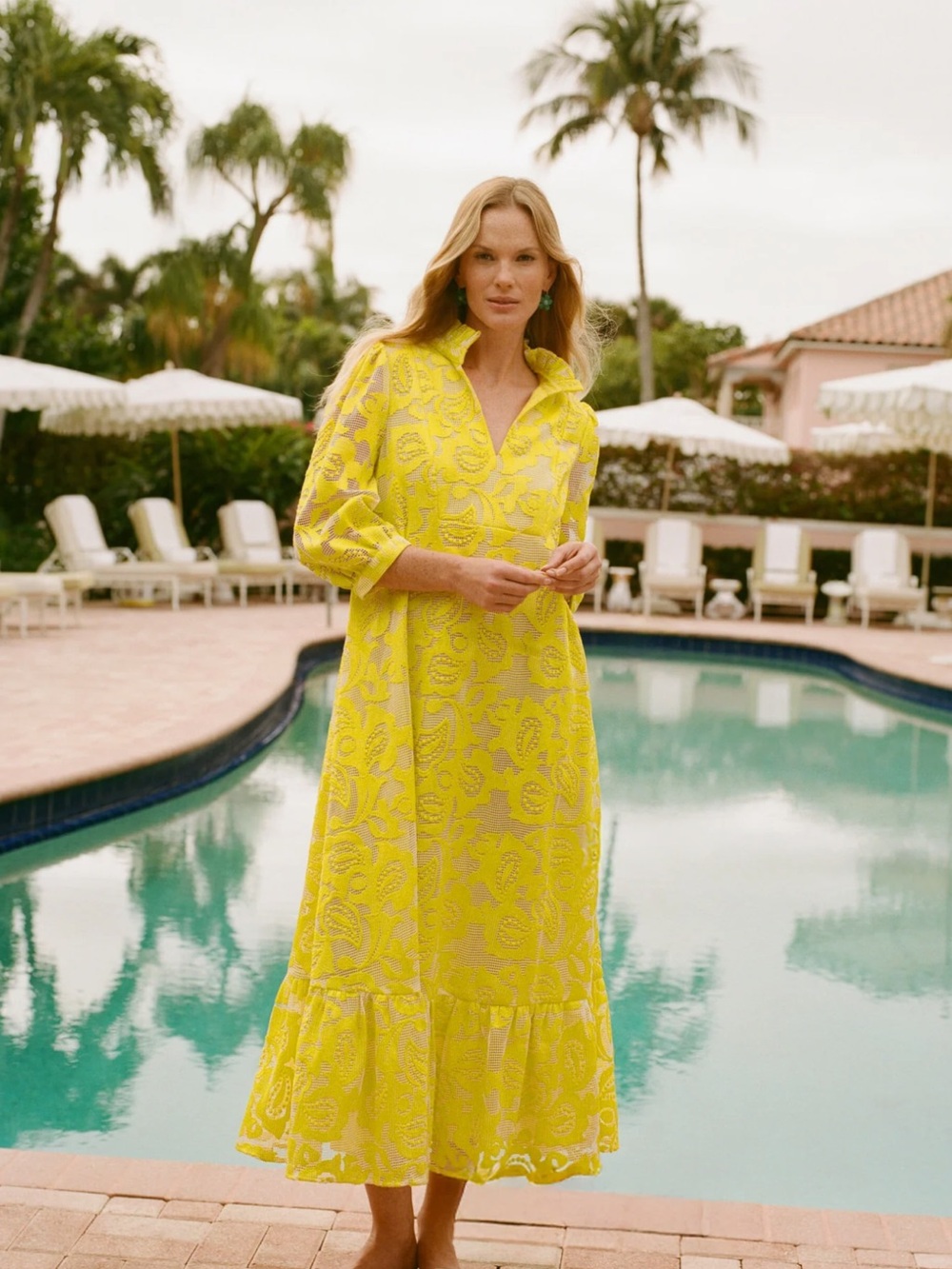 Tuckernuck Yellow Lace-Overlay Maxi Dress